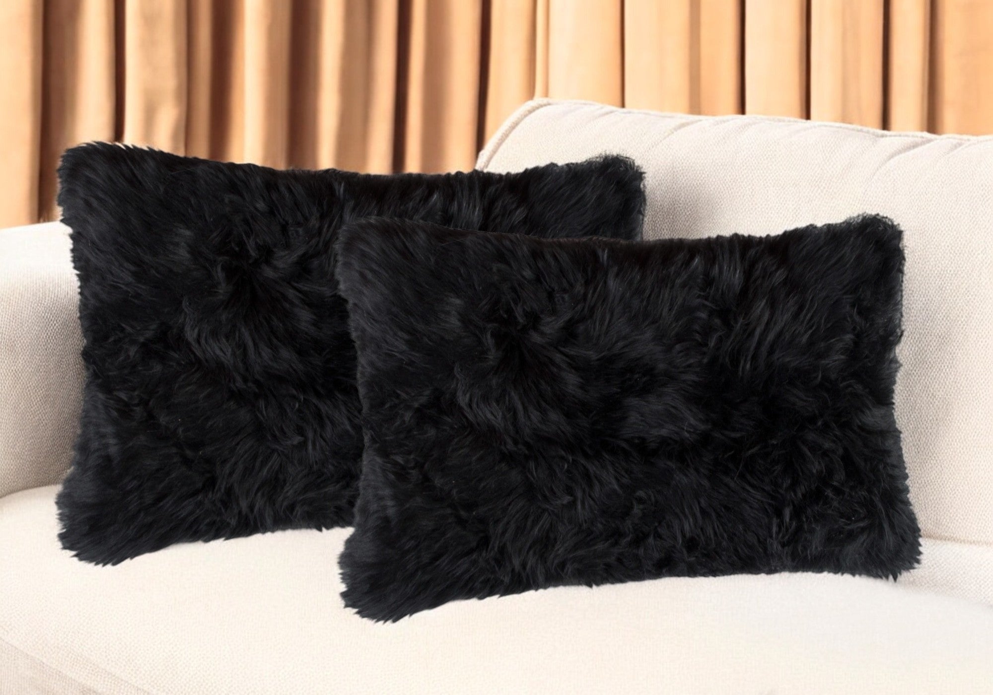 Set of Two 12'' X 20'' Black Sheepskin Lumbar Throw Pillows