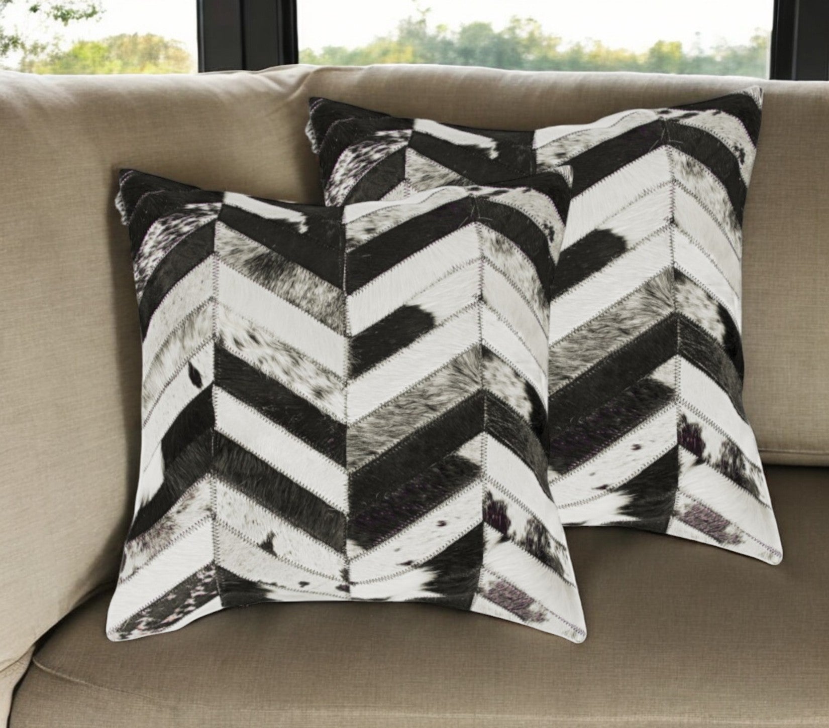 Set of Two 18'' Black and Natural Chevron Cowhide Throw Pillows