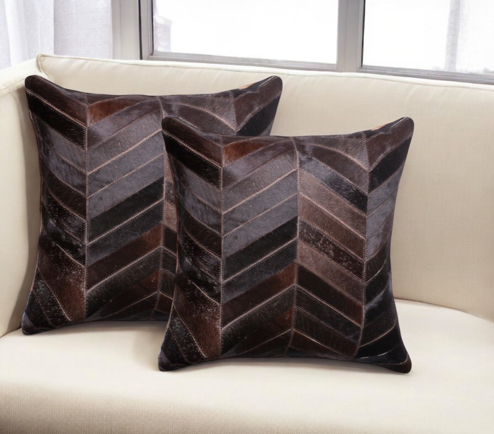Set of Two 18'' Chocolate Chevron Cowhide Throw Pillows