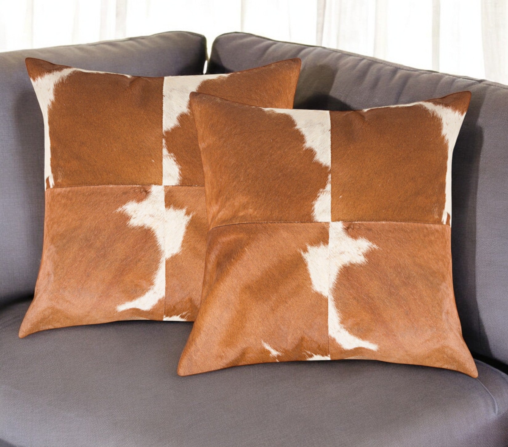 Set of Two 18'' Brown and White Cowhide Cowhide Throw Pillows