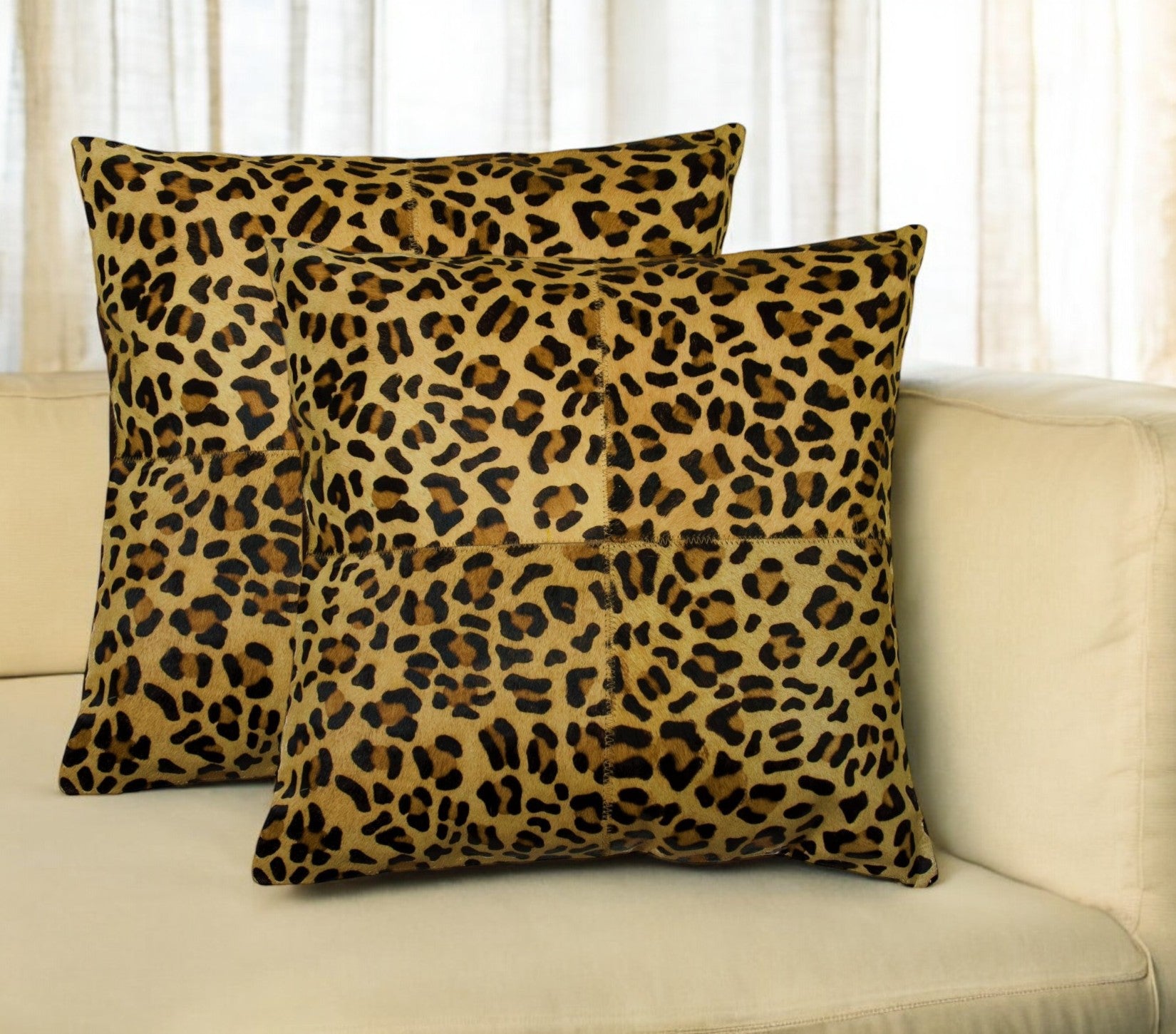 Set of Two 18'' Brown and Black Leopard Cowhide Throw Pillows
