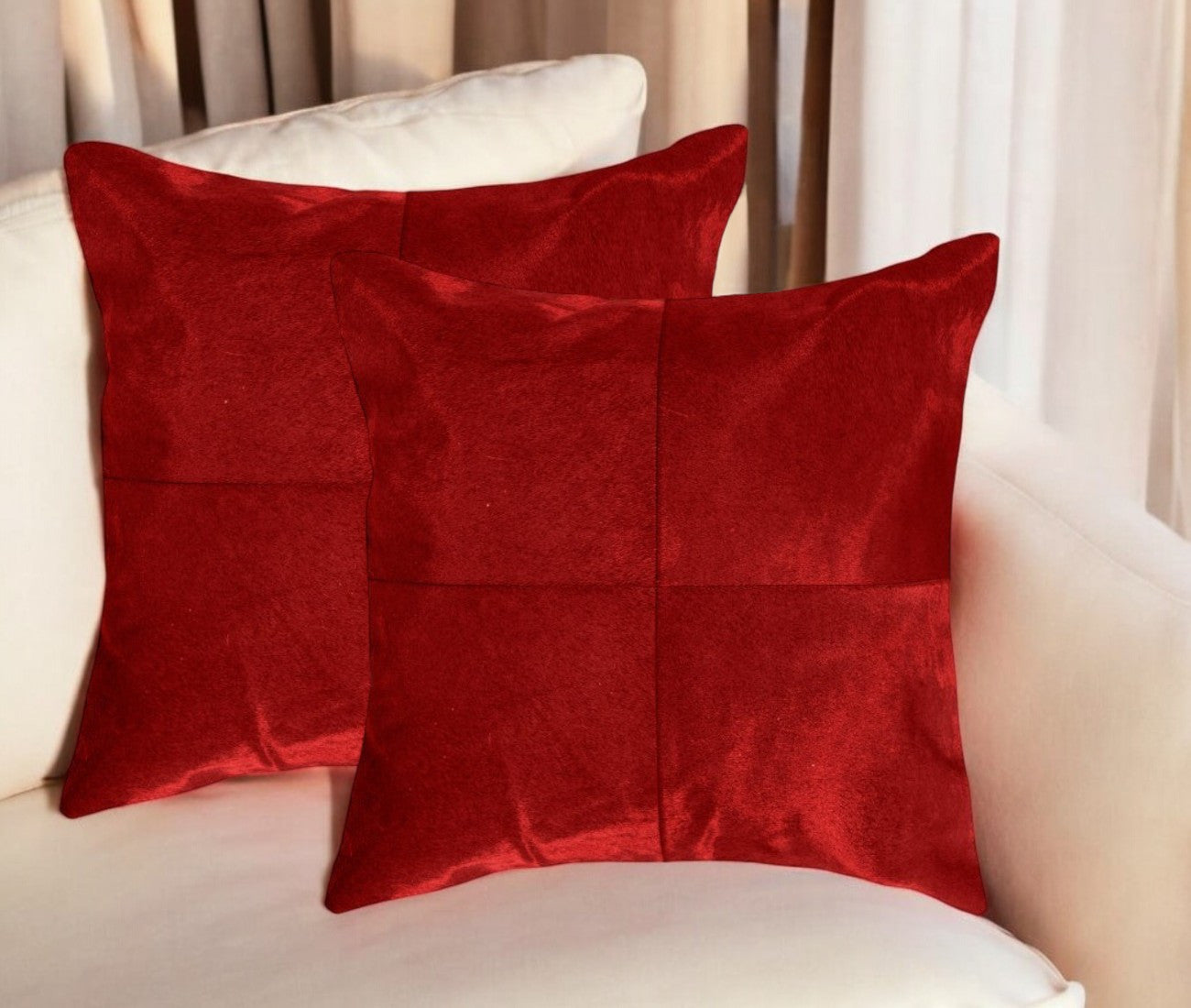 Set of Two 18'' Red Cowhide Throw Pillows