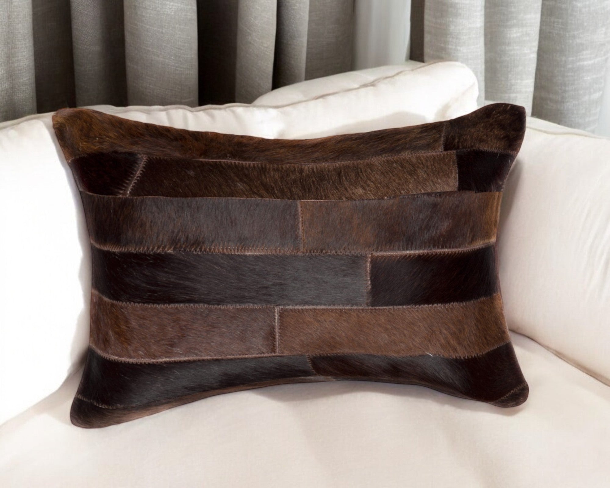 12'' X 20'' Chocolate Patchwork Cowhide Lumbar Throw Pillow