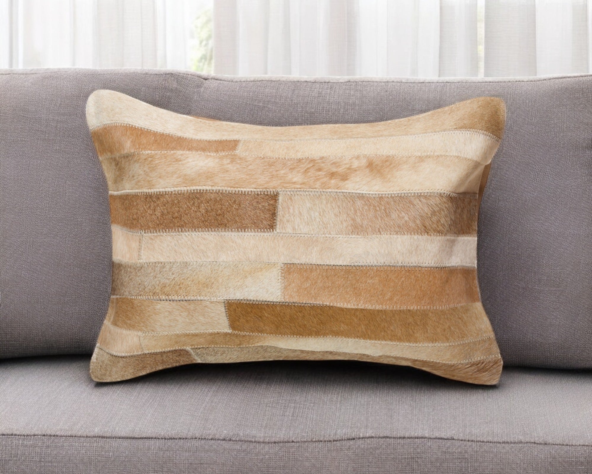 12'' X 20'' Tan Patchwork Cowhide Lumbar Throw Pillow