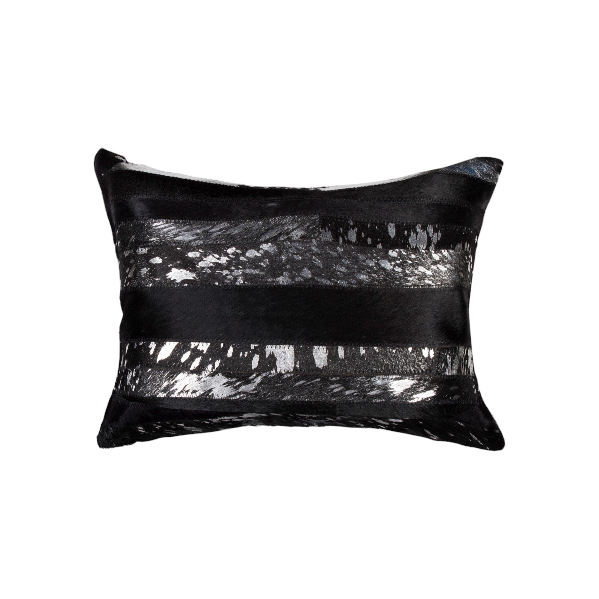 Set of Two 12'' X 20'' Black and Silver Striped Cowhide Lumbar Throw Pillows with Glitter