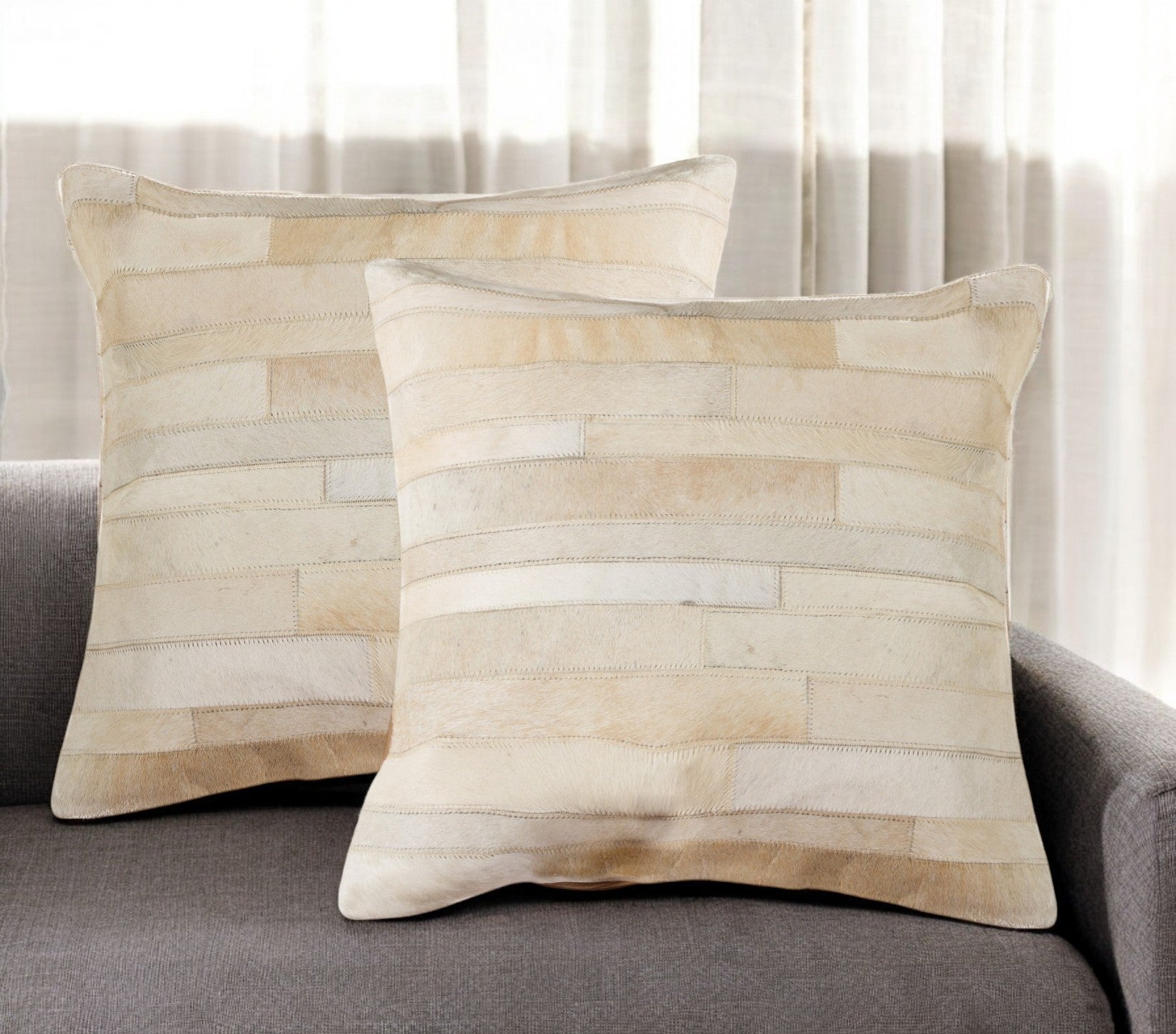 Set of Two 18'' Natural Patchwork Cowhide Throw Pillows