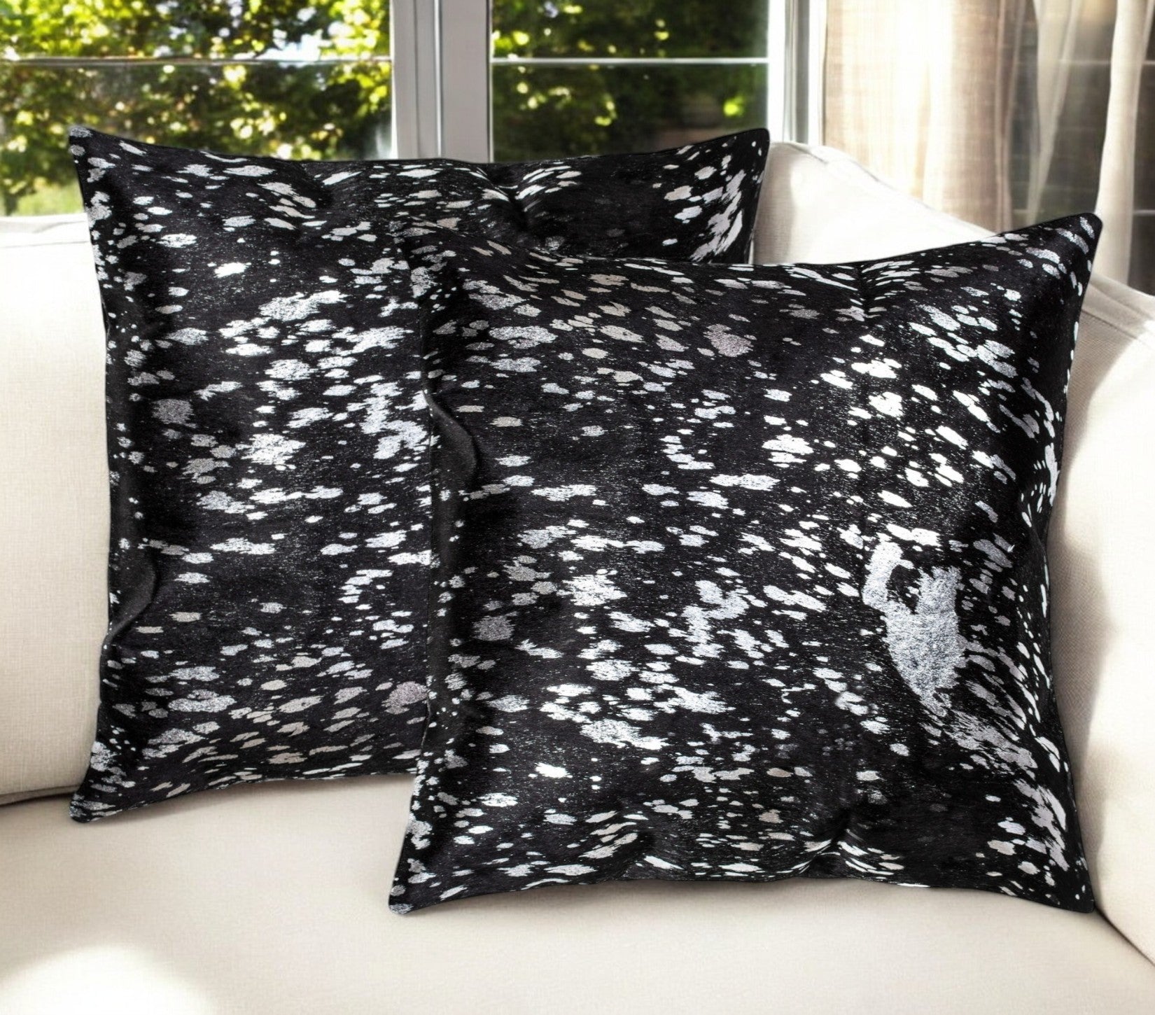 Set of Two 18'' Black and Silver Abstract Cowhide Throw Pillows with Glitter
