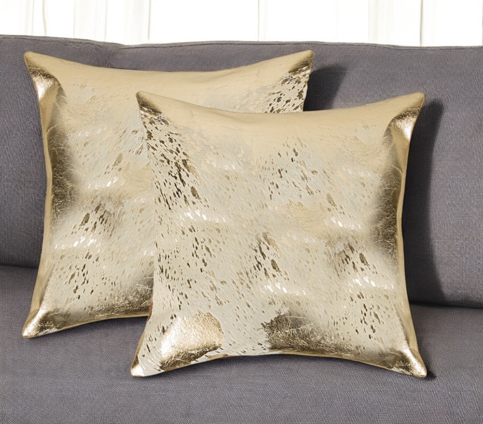 Set of Two 18'' Natural and Gold Abstract Cowhide Throw Pillows with Glitter