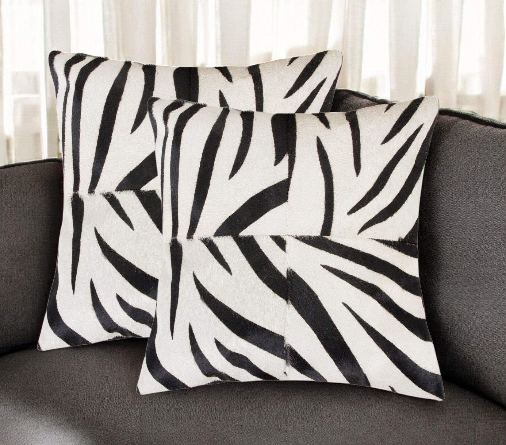 Set of Two 18'' White and Black Zebra Cowhide Throw Pillows