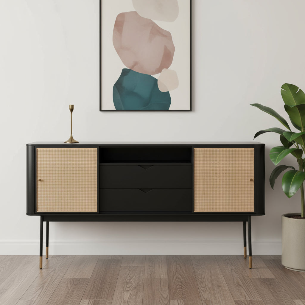 59 Black And Natural Wood Two Drawer Sideboard with Two Sliding Doors
