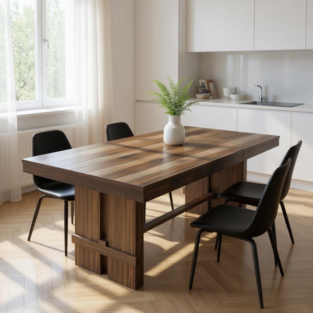 84 Dark Brown Wood Self-Storing Leaf Trestle Base Extension Dining Table