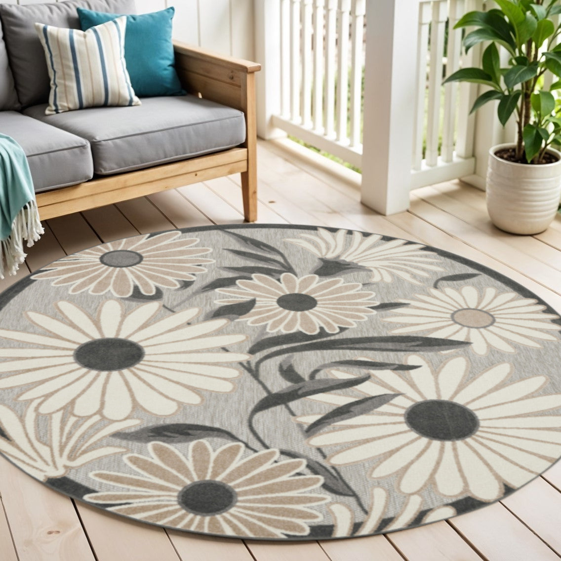 5 Beige And Gray Round Floral Indoor Outdoor Area Rug