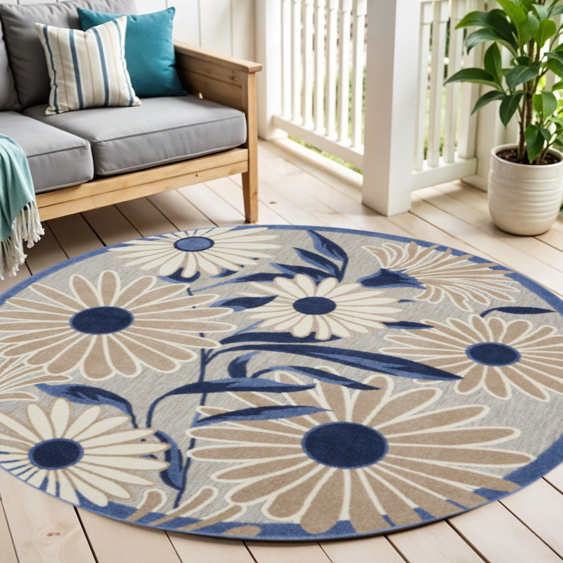 5 Blue And Gray Round Floral Indoor Outdoor Area Rug