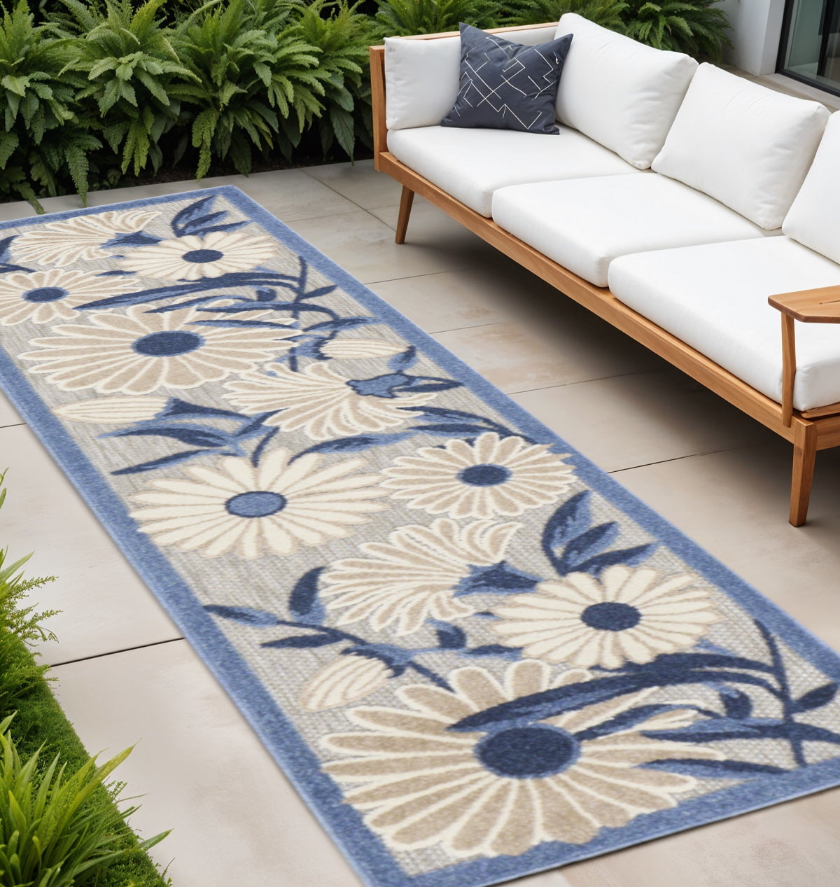 12 Blue And Gray Floral Indoor Outdoor Runner Rug