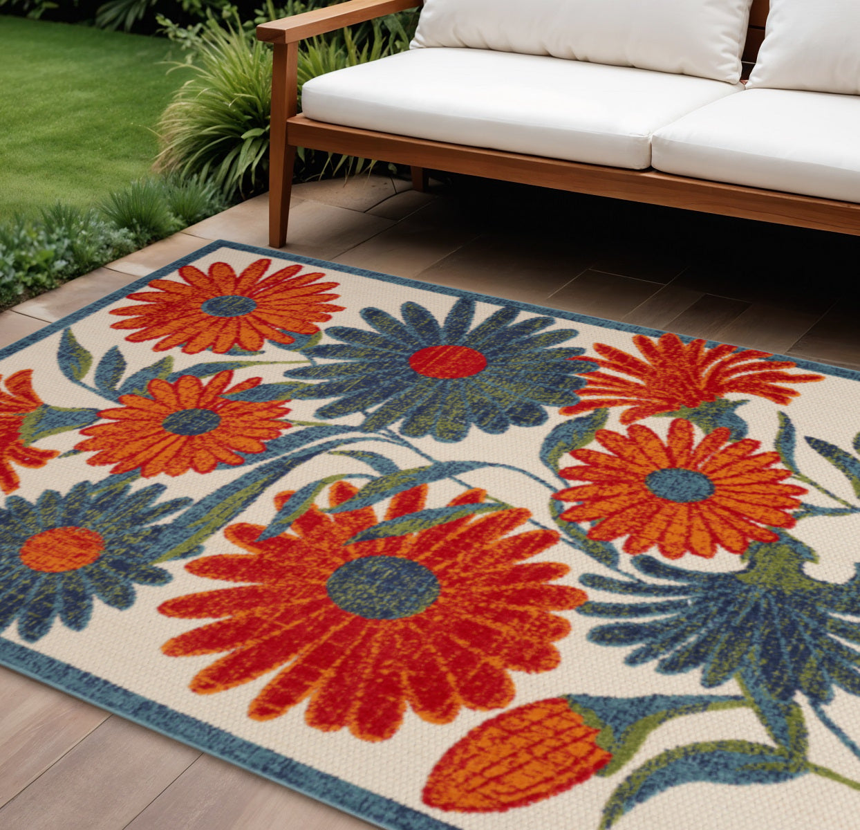 6 X 9 Ivory Blue Orange And Green Floral Indoor Outdoor Area Rug