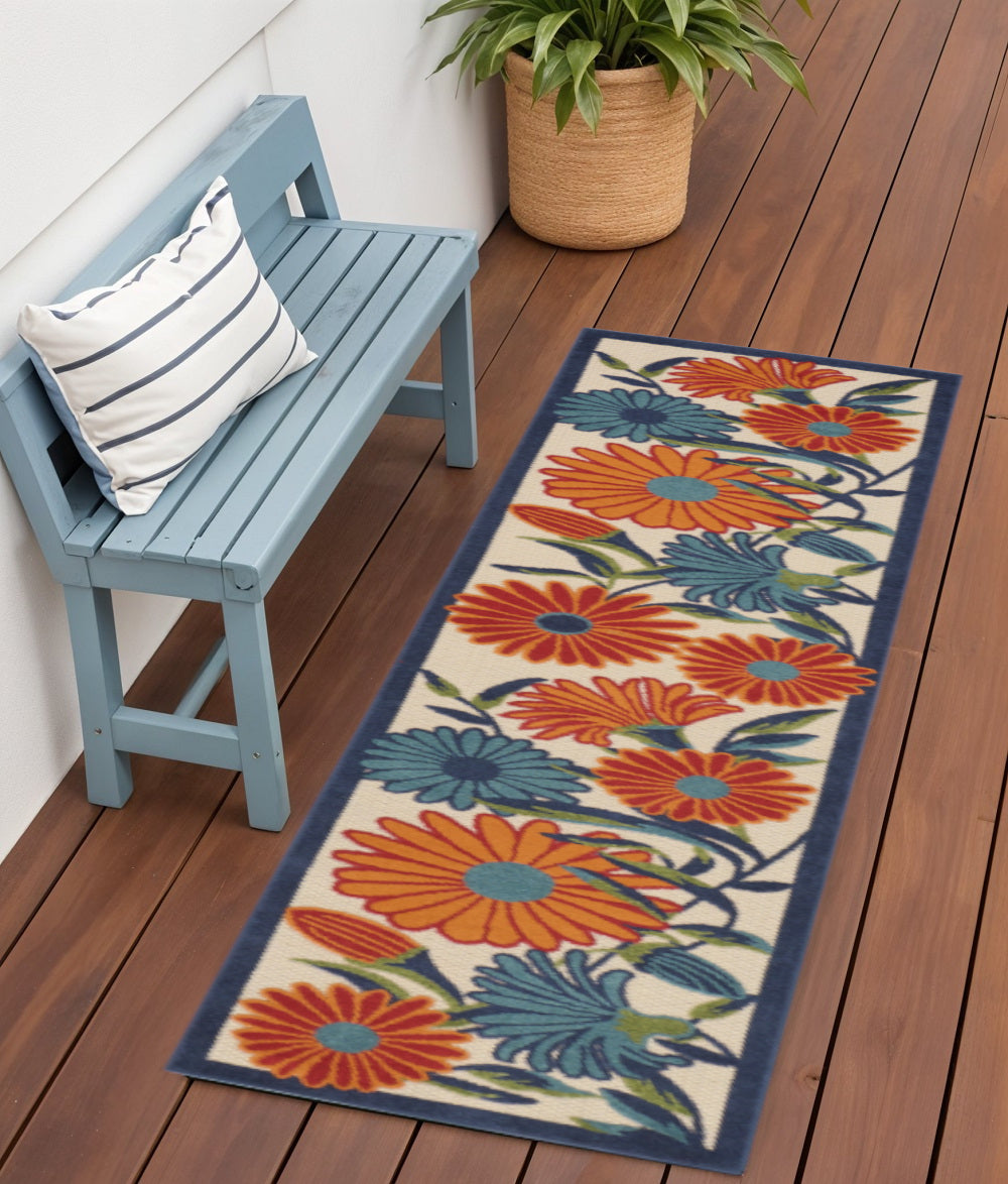 6 Ivory Blue And Orange Floral Indoor Outdoor Runner Rug