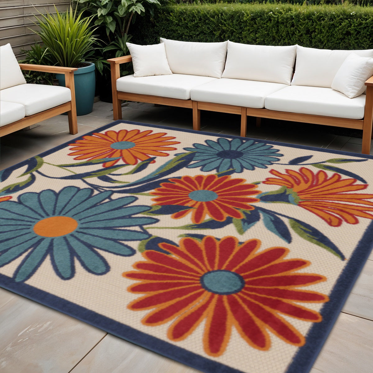 5 Ivory Blue And Orange Square Floral Indoor Outdoor Area Rug