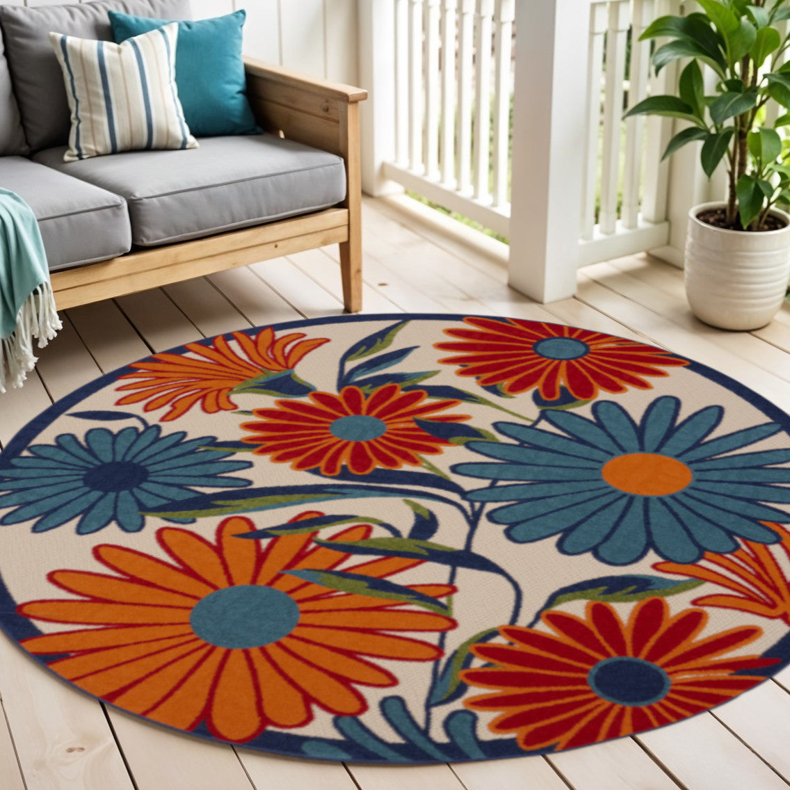 5 Ivory Blue And Orange Round Floral Indoor Outdoor Area Rug