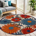 4 Ivory Blue And Orange Round Floral Indoor Outdoor Area Rug