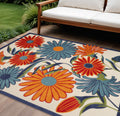 10 X 14 Ivory Blue And Orange Floral Indoor Outdoor Area Rug