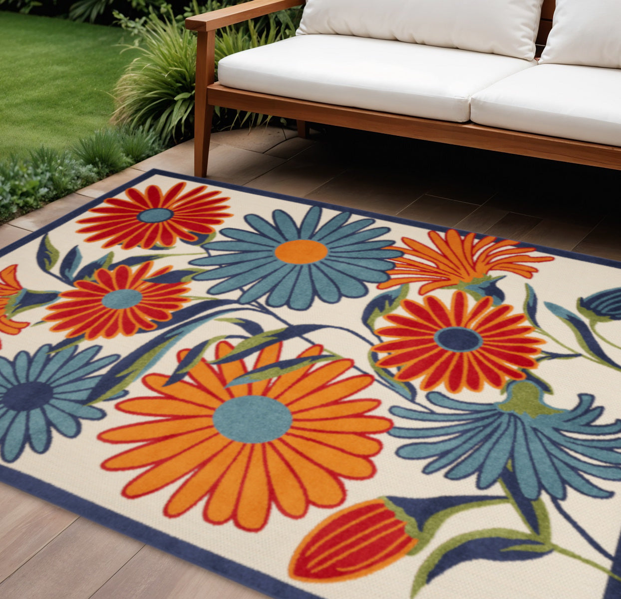 10 X 14 Ivory Blue And Orange Floral Indoor Outdoor Area Rug