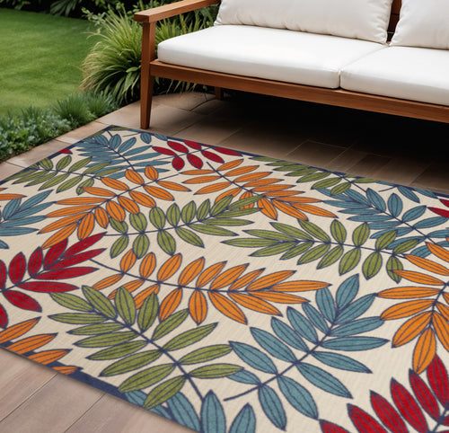 10 X 14 Ivory Yellow Orange Green And Blue Palm Leaf Indoor Outdoor Area Rug