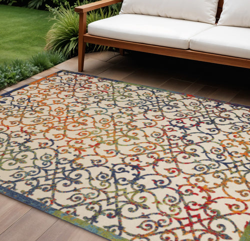 10 X 14 Ivory Blue Orange Green And Red Medallion Indoor Outdoor Area Rug