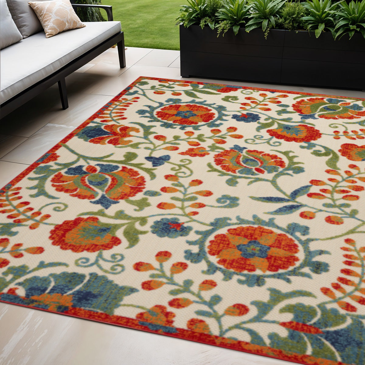 5 X 8 Red Gold Green And Teal Blue Floral Indoor Outdoor Area Rug