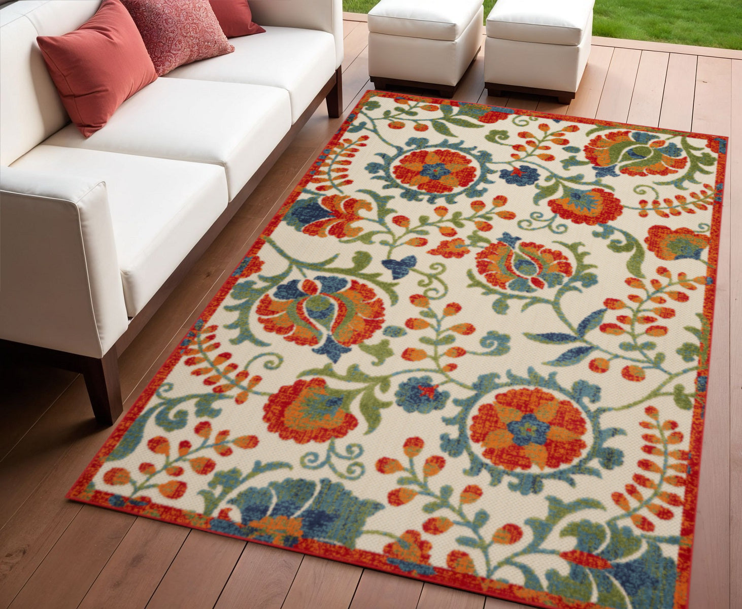 4 X 6 Red Gold Green And Teal Blue Floral Indoor Outdoor Area Rug
