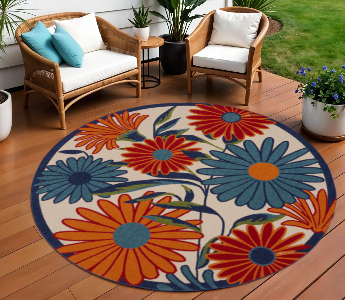 10 Ivory Blue And Orange Round Floral Indoor Outdoor Area Rug