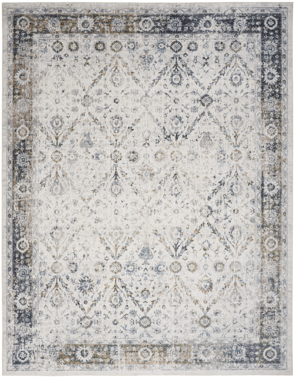 9' X 12' Blue and Ivory Floral Medallion Power Loom Distressed Washable Area Rug