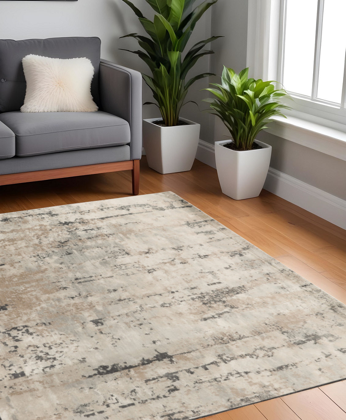 4' Beige and Gray Square Abstract Power Loom Area Rug
