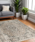 4' Beige and Gray Square Medallion Power Loom Distressed Area Rug