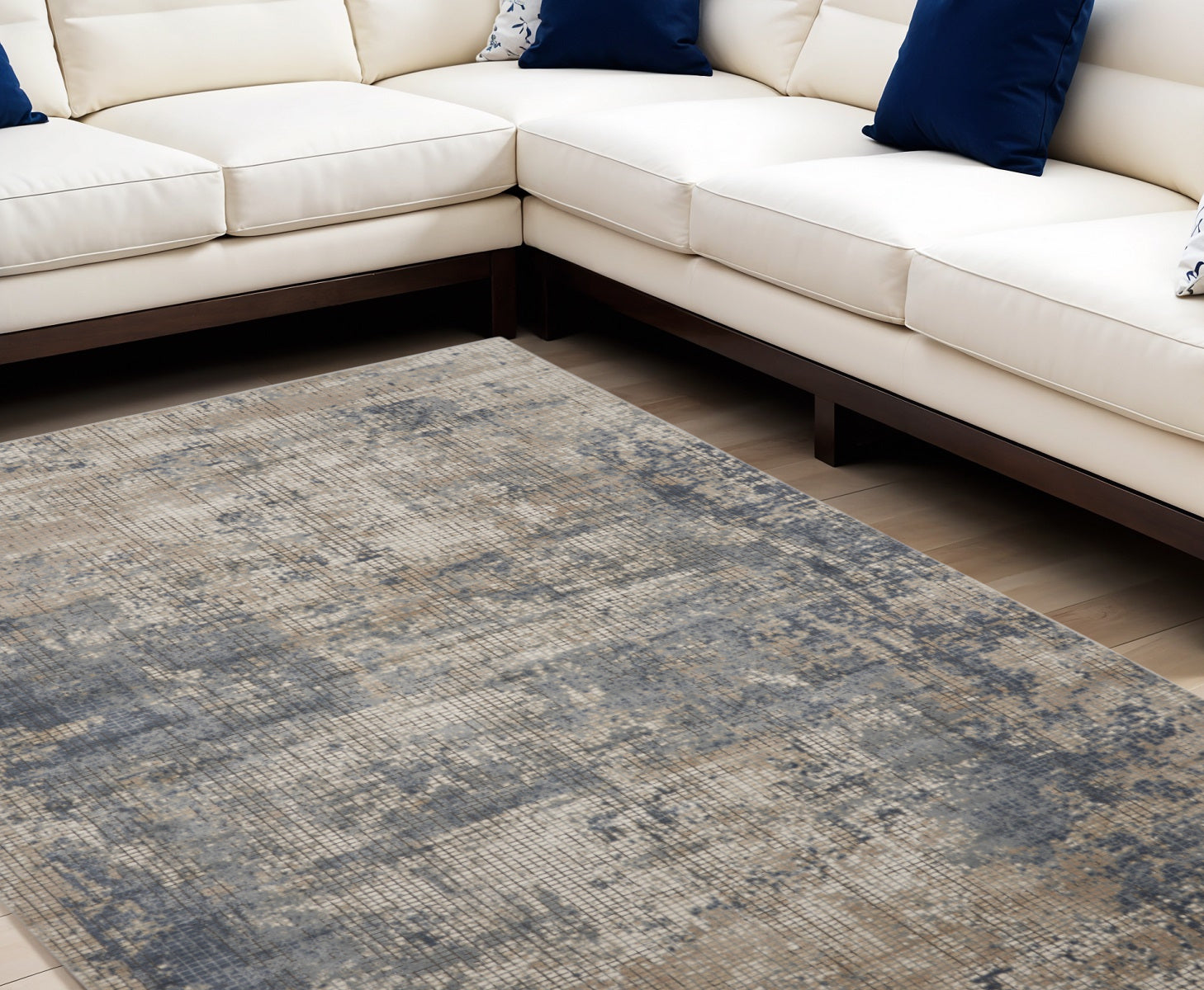 8' X 10' Beige and Blue Abstract Power Loom Distressed Area Rug