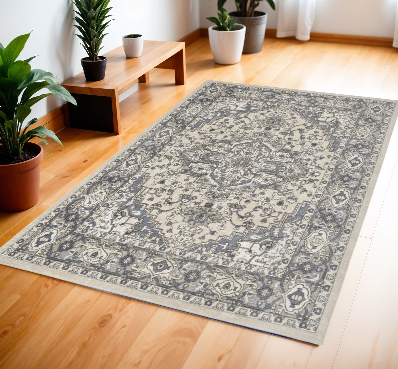 4' X 6' Blue and Ivory Medallion Power Loom Distressed Area Rug