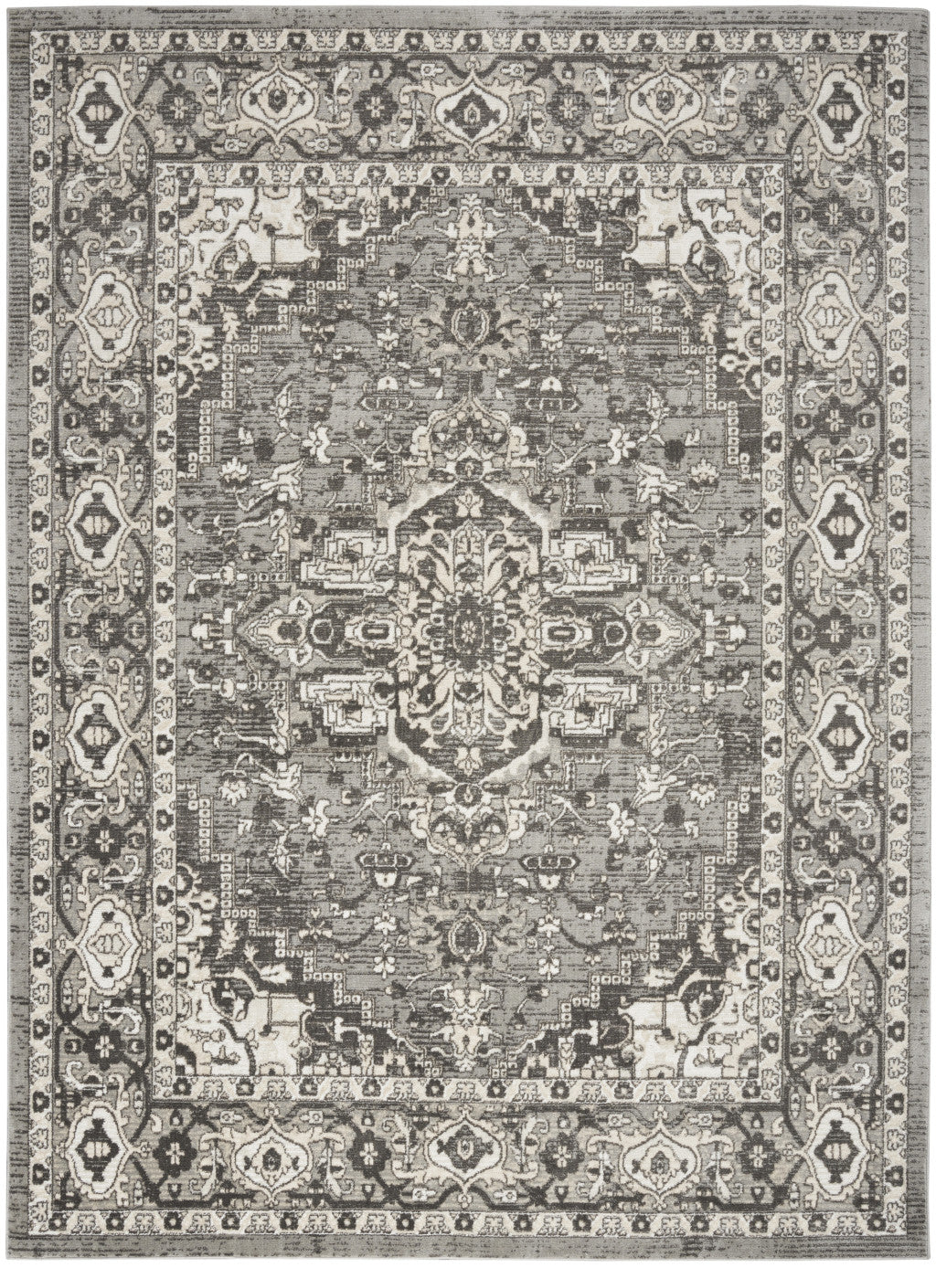 5' X 7' Gray and Ivory Medallion Power Loom Distressed Area Rug