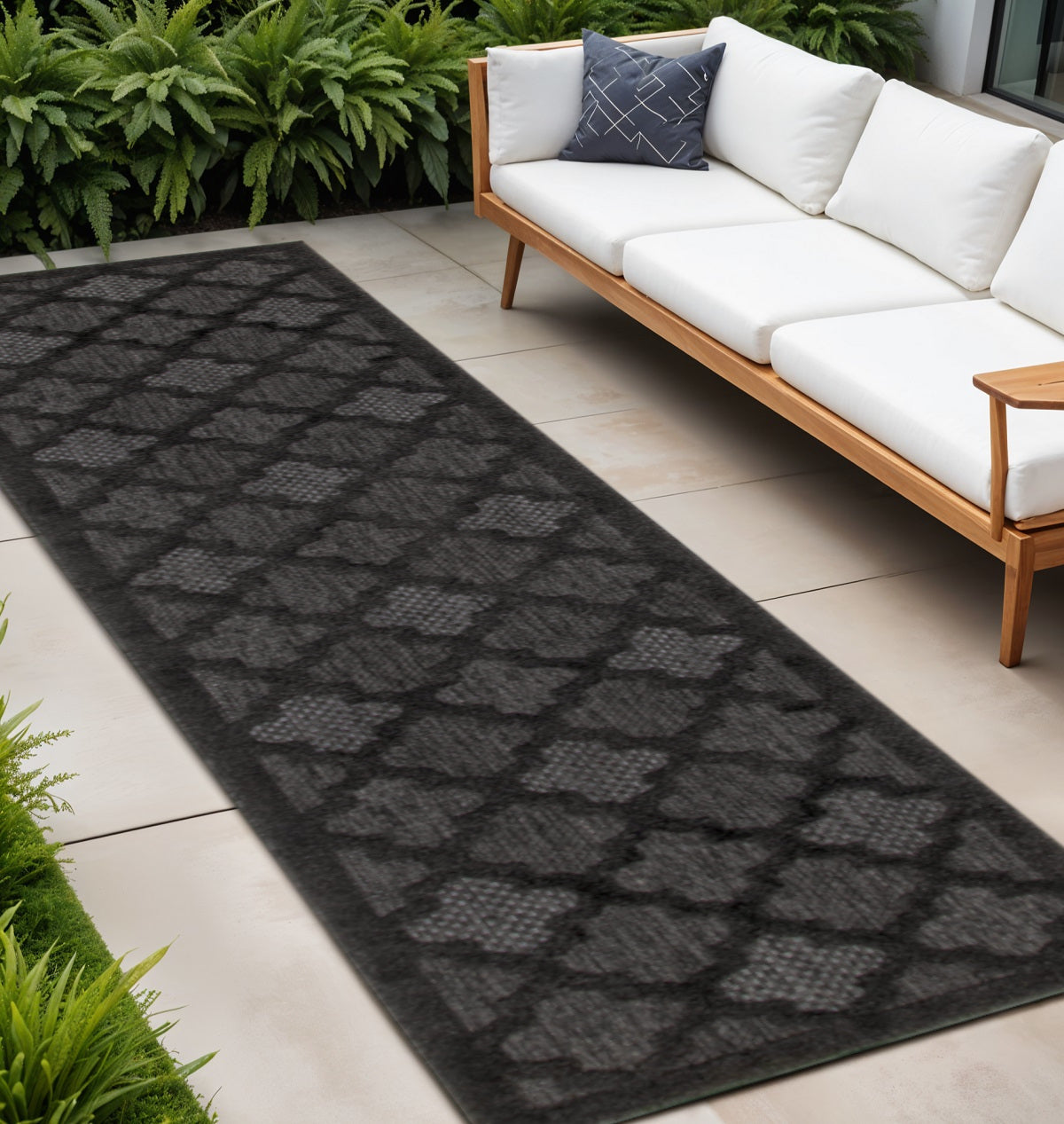 16 Charcoal And Black Trellis Indoor Outdoor Runner Rug