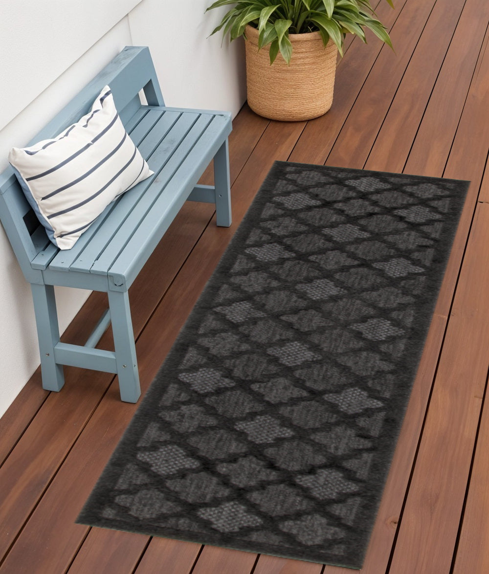 6 Charcoal And Black Trellis Indoor Outdoor Runner Rug