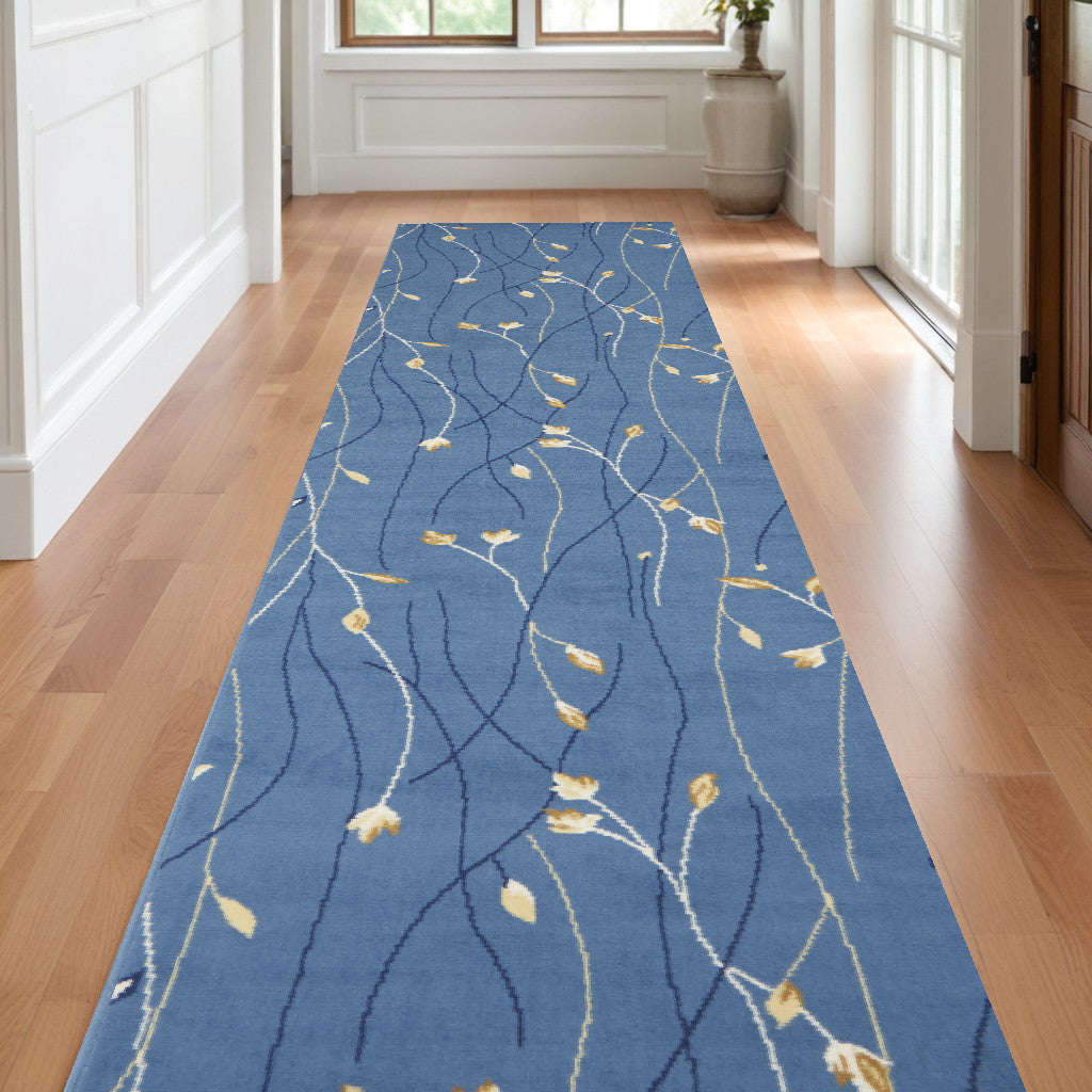 10' Blue And Ivory Floral Vines Runner Rug