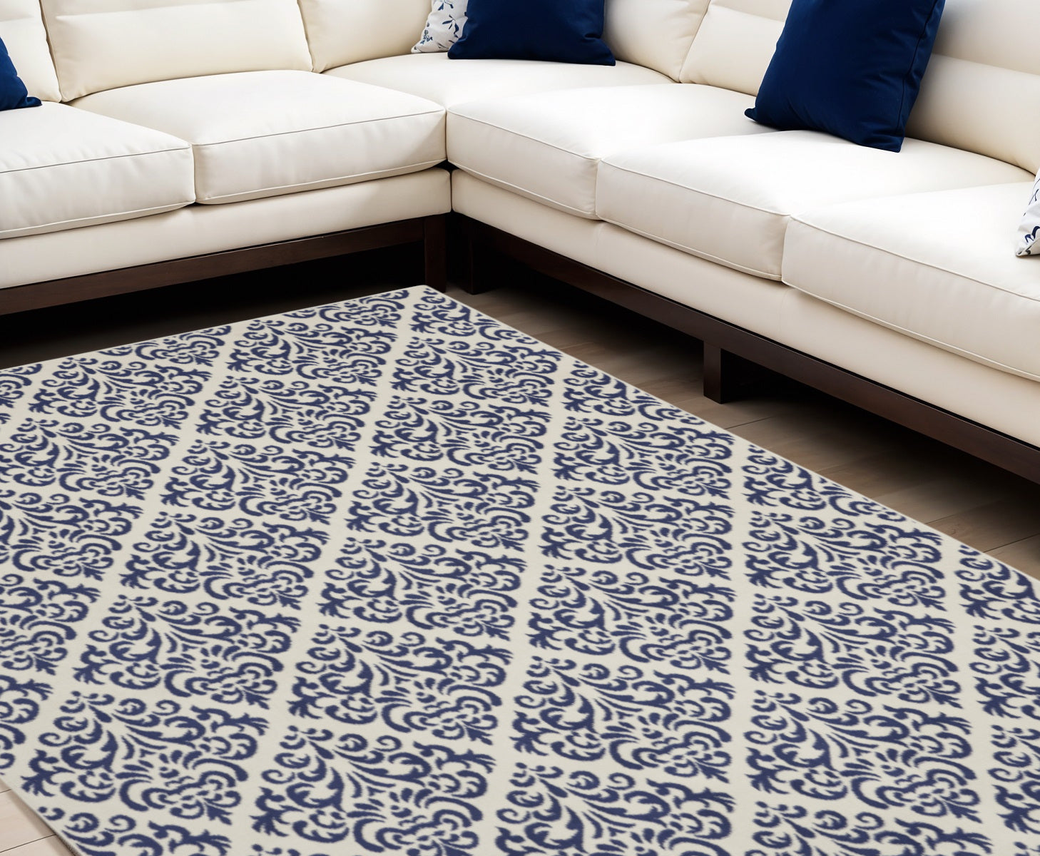 7' X 10' Blue and White Damask Power Loom Area Rug