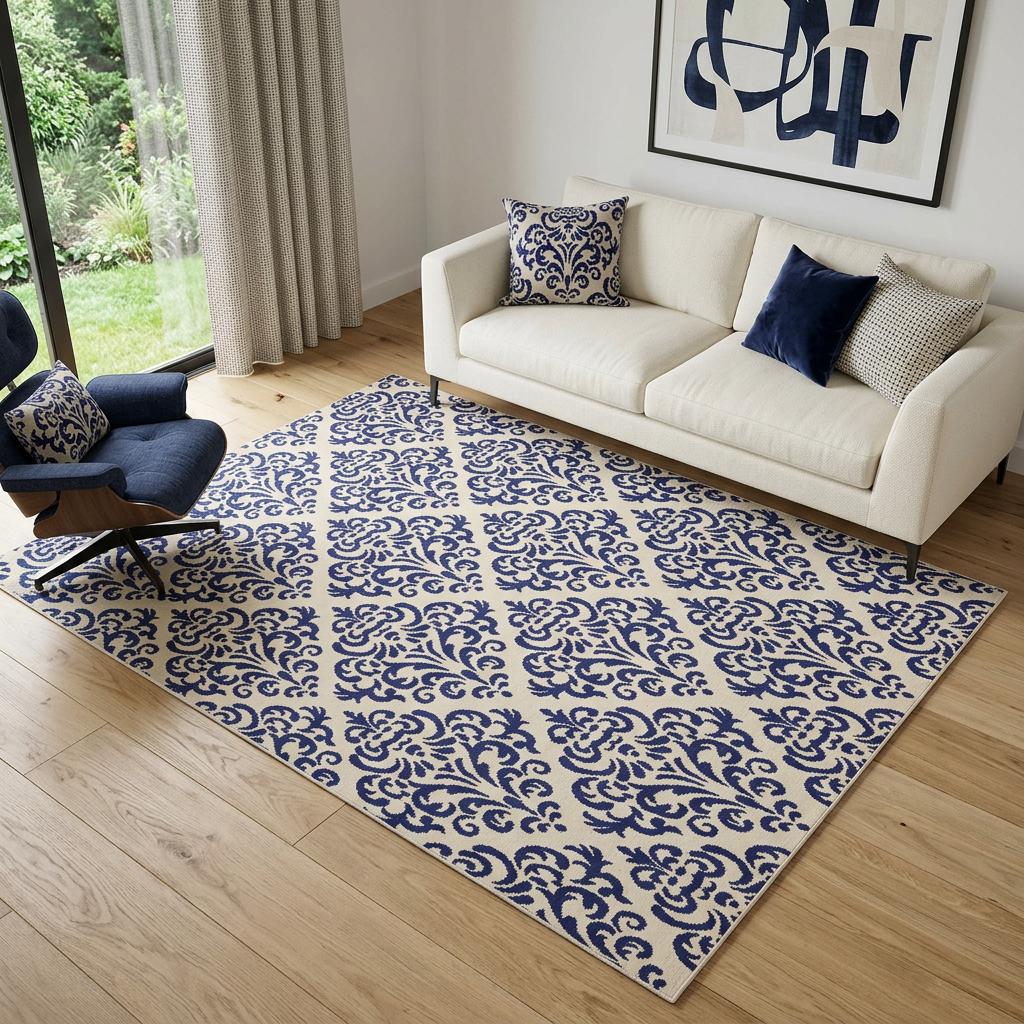 5 X 7 Blue And White Damask Area Rug