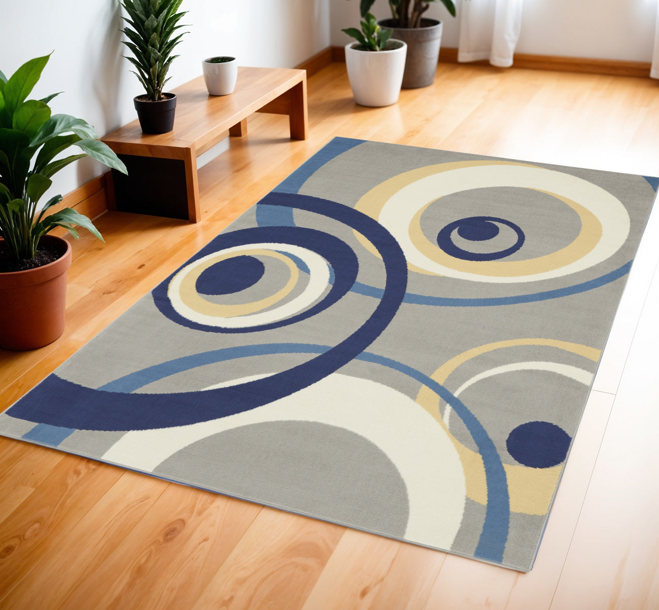 4' X 6' Gray and Blue Geometric Power Loom Area Rug