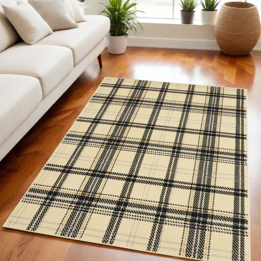 5' X 7' Beige and Black Plaid Power Loom Area Rug