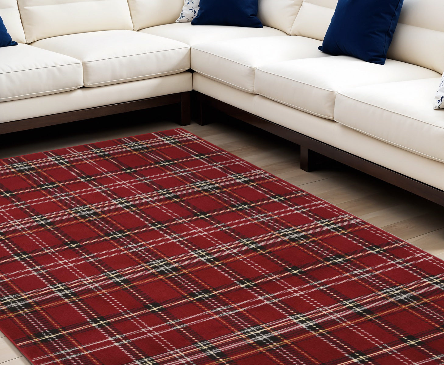 7' X 10' Red and Black Plaid Power Loom Area Rug