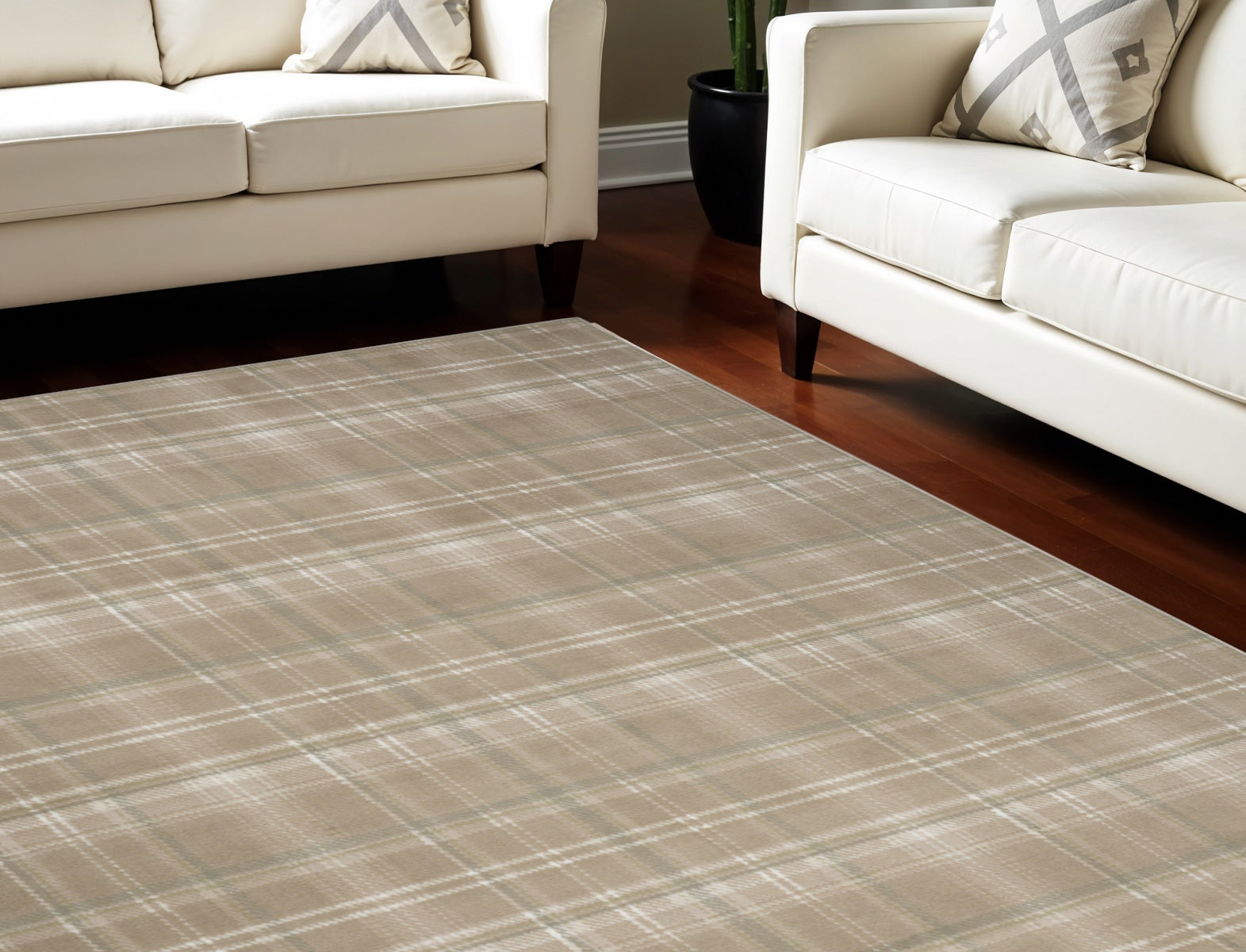 8' X 10' Brown and Ivory Plaid Non Skid Area Rug