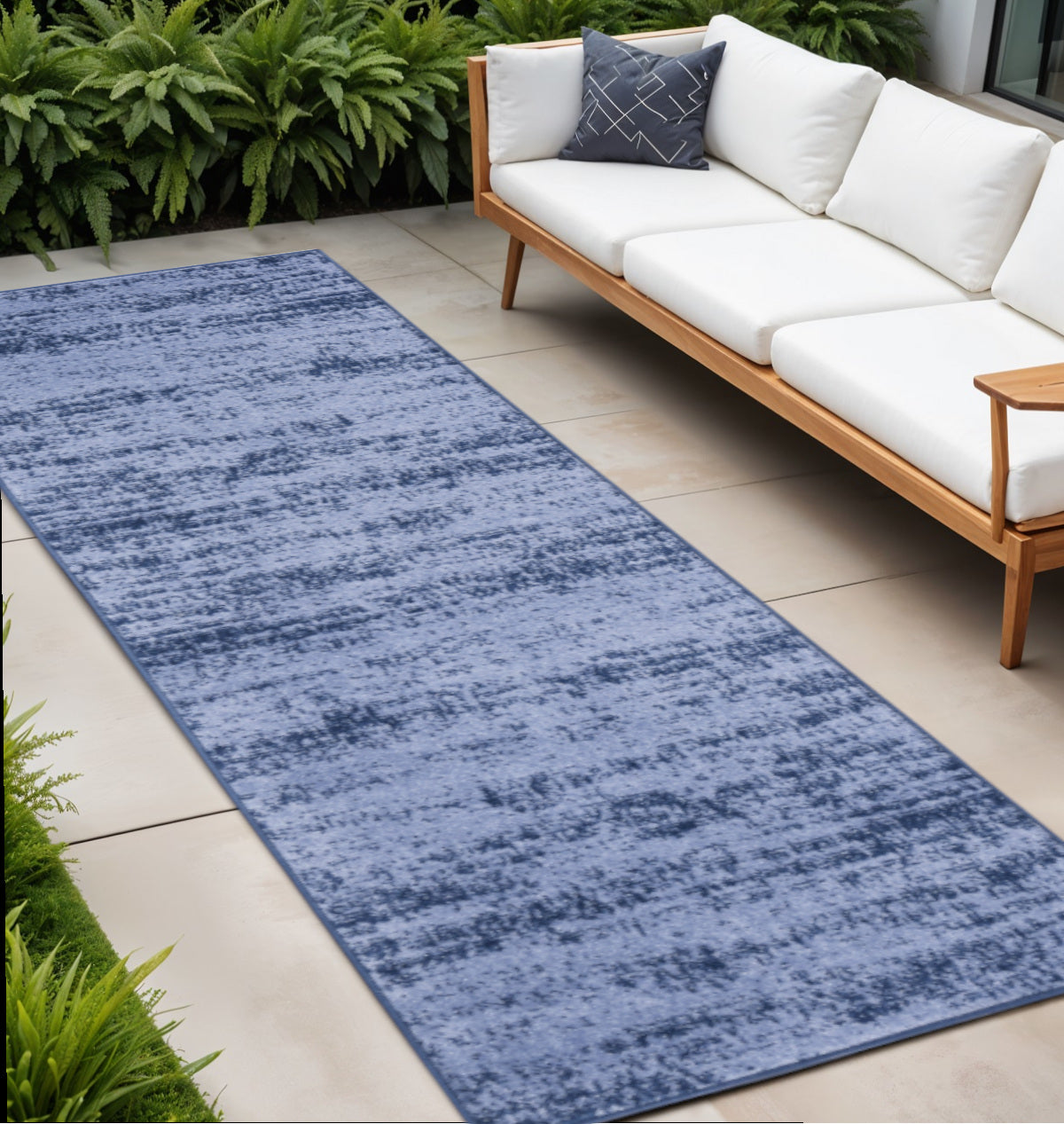 8 Denim Blue And Navy Blue Abstract Indoor Outdoor Runner Rug