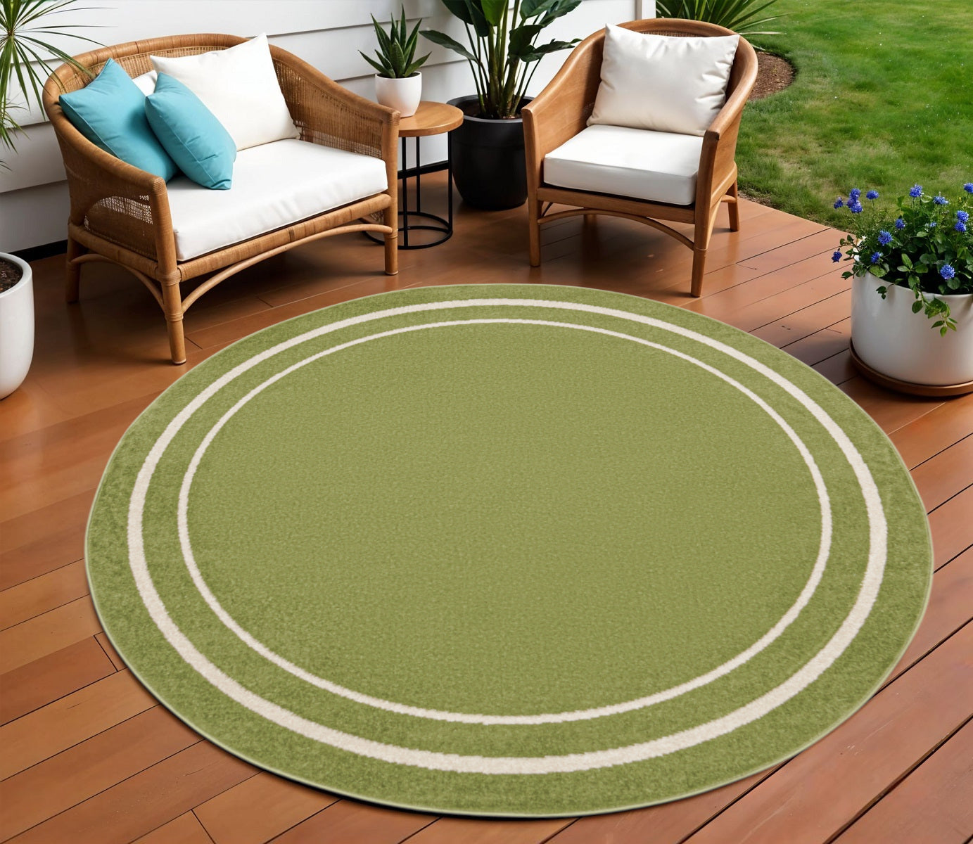 8 Green And Ivory Round Indoor Outdoor Area Rug