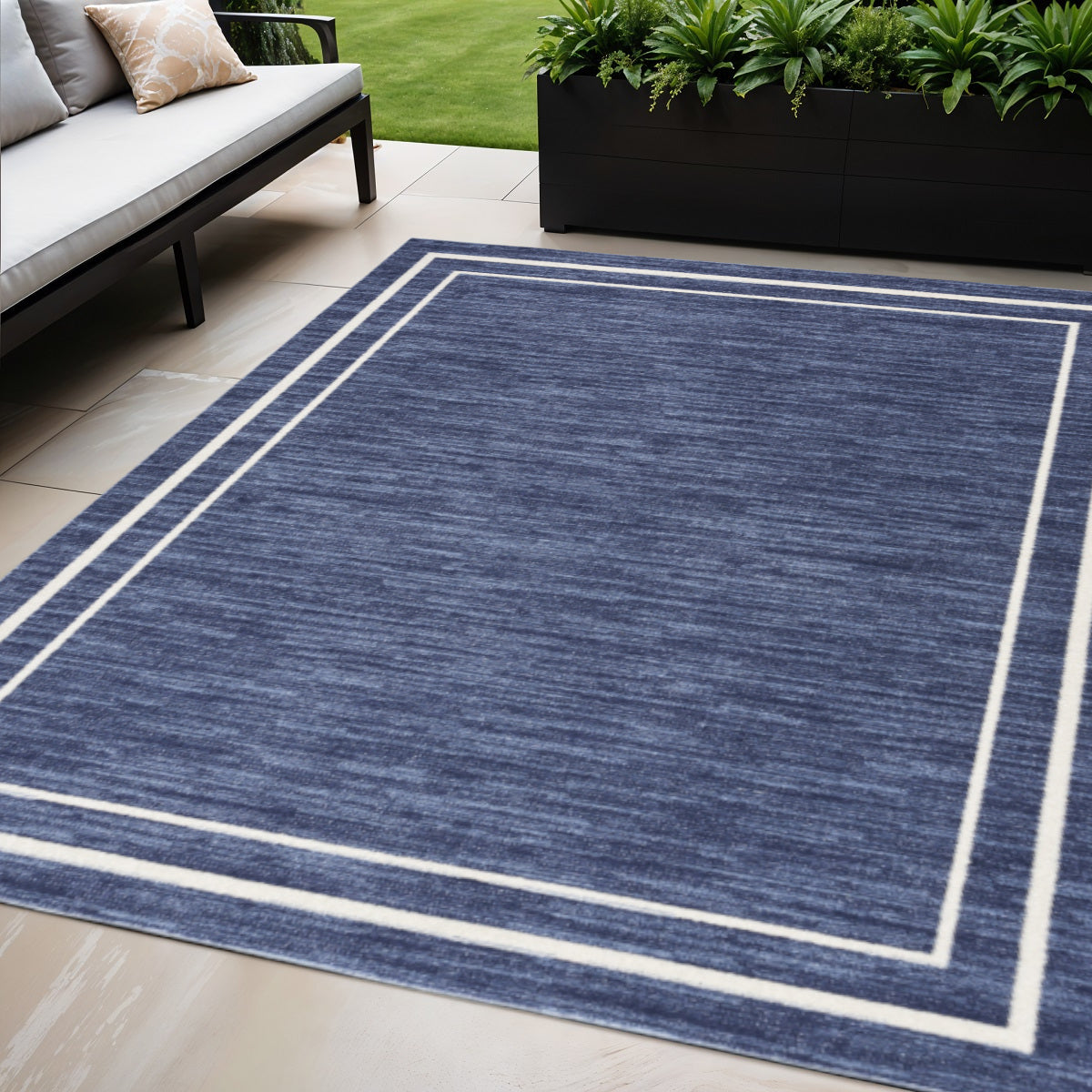 5 X 7 Navy Blue And Ivory Indoor Outdoor Area Rug