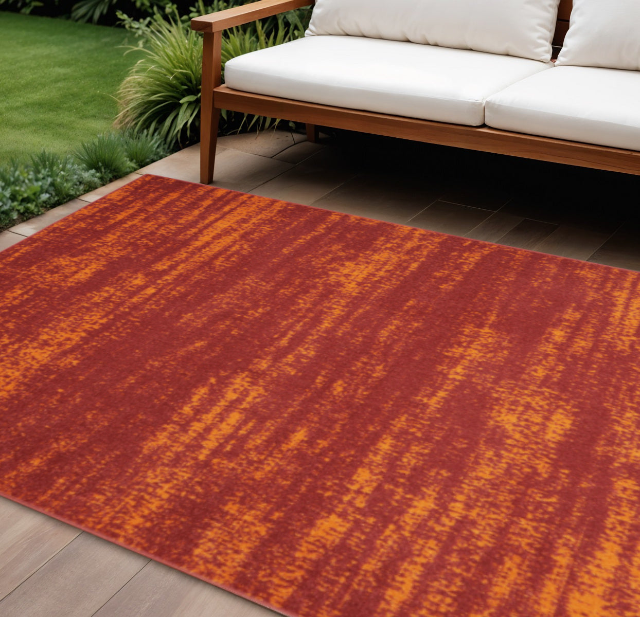 6 X 9 Red And Orange Abstract Indoor Outdoor Area Rug