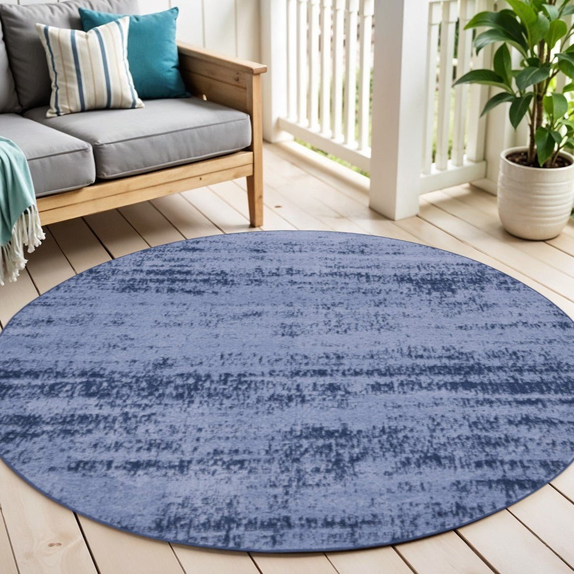 4 Denim Blue And Navy Blue Round Abstract Indoor Outdoor Area Rug